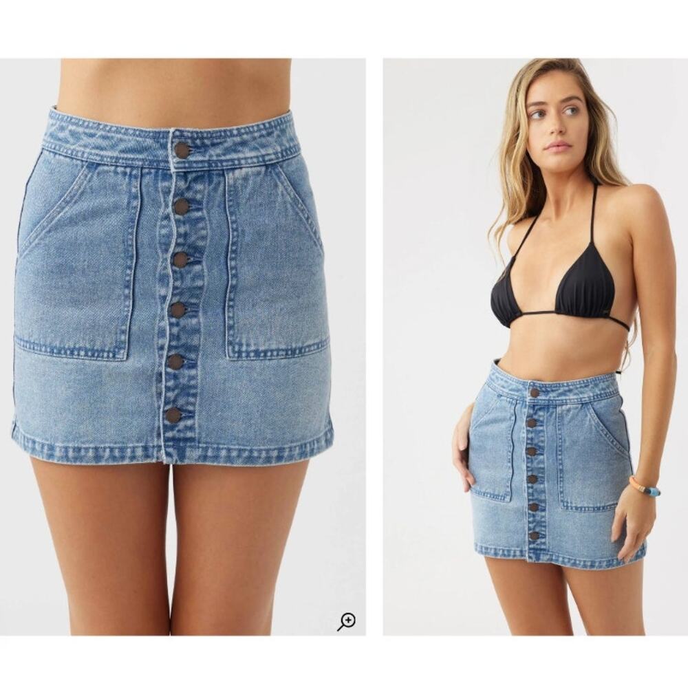 O'Neill Maude Cotton Button Up Denim Mini Skirt 28 Pencil Straight Medium Wash